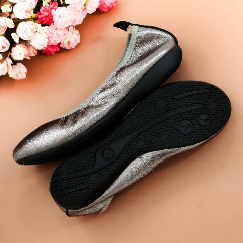 Women Ballet Flats Shoes Genuine Leather Ladies Casual Flats Shoes Black Gold Female Classic Loafers Footwear Spring Big Size 44