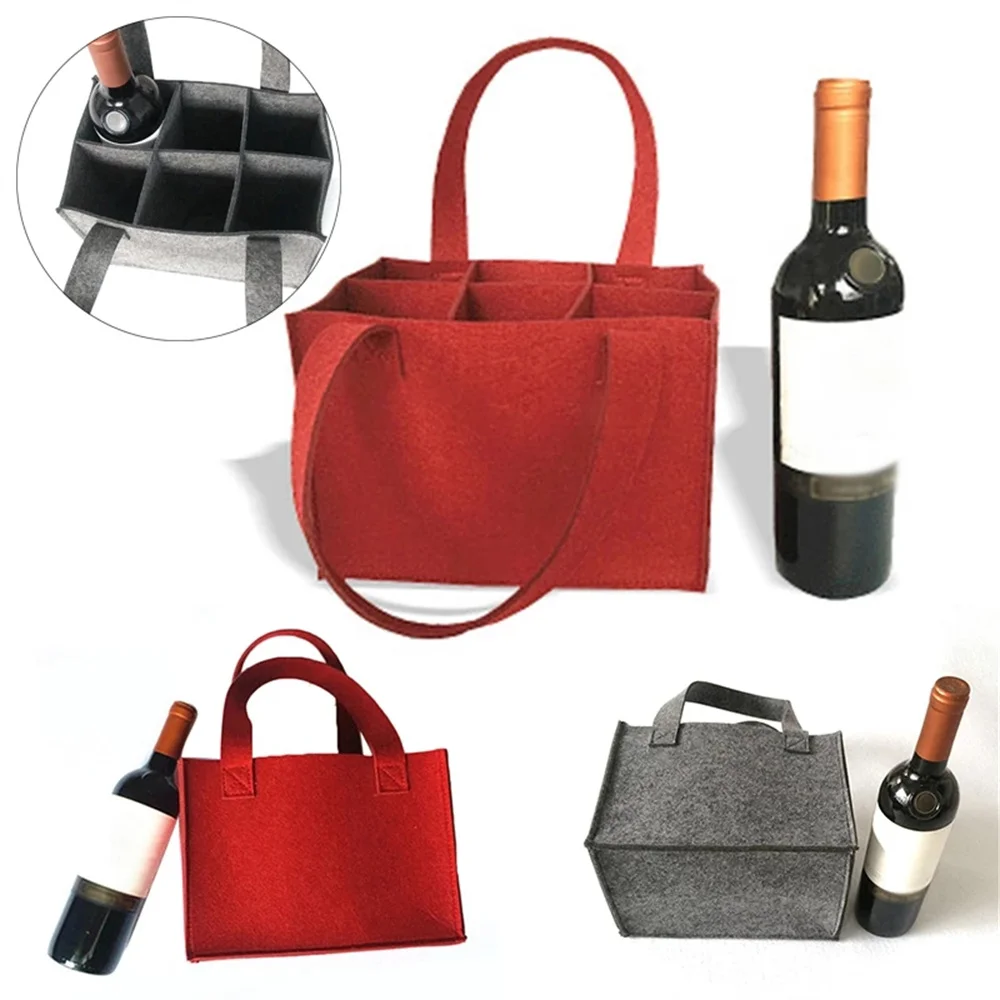 Reusable Fashion Felt Bag Wine Holder Beer Bottle Shopping Tote Bag Bottle Carrier with 6 Bottles Divider Washable