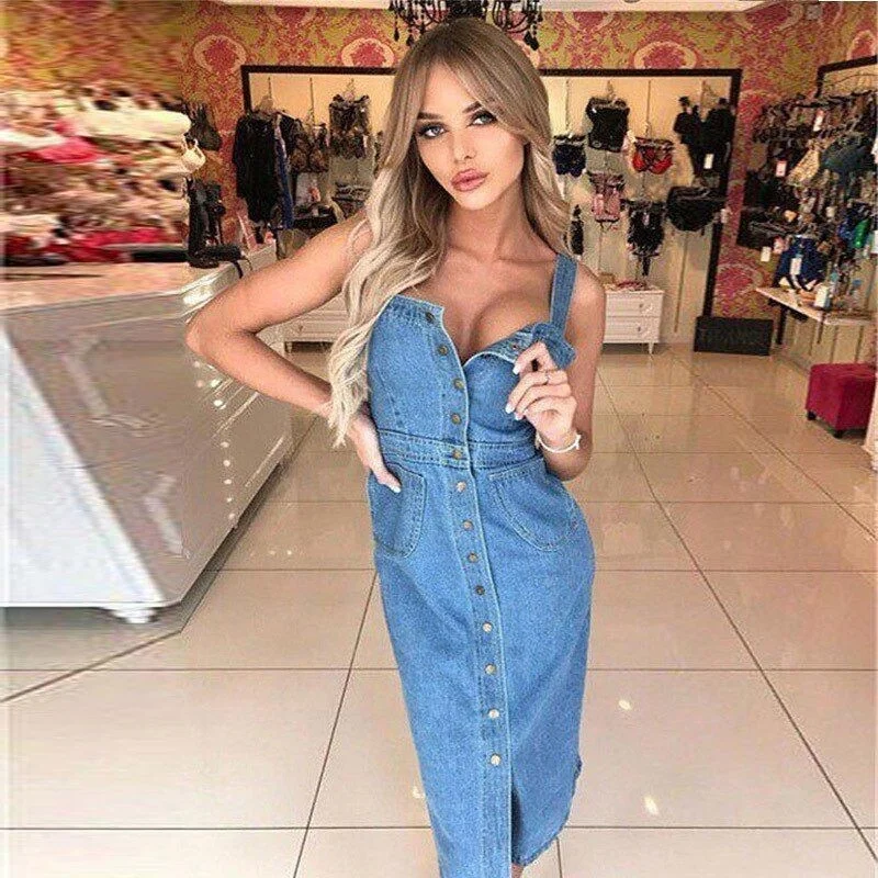 Sale Hot Women Single Breasted Spaghetti Strap Denim Wrap Dresses High Waist Sleeveless Backless Knee Length Streetwear Dresses