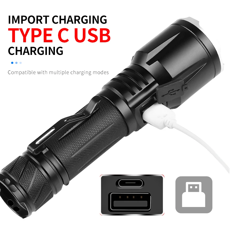 Lampe de poche tactique LED la plus puissante, torche USB Rechargeable, Flash 26650, Zoomable, étanche, 200000lm, XHP199