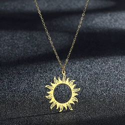CHENGXUN Hollow Sun Face Circle Pendant Necklace for Women Girls Stainless Steel Laser Cut Tribal Sun Charm Chain Party Jewelry