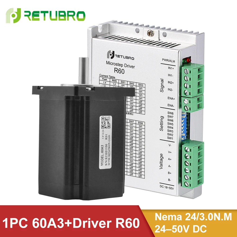 

Комплект шагового двигателя R60 + 60A3, 1 комплект, Nema 23 24 Hybrid 3 нм, 4 провода 60*60*86 мм, 8 мм, вал 24-50 в, постоянный ток, напряжение для станка с ЧПУ