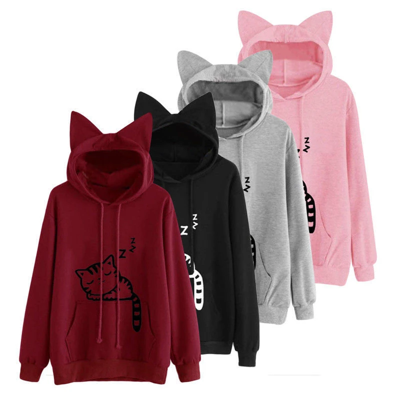 

Autumn Spring Pullover Hoodies Women Cute Ears Sweatshirts Loose Thermal Hooded Top with Adjustable Drawstring Tops Female New