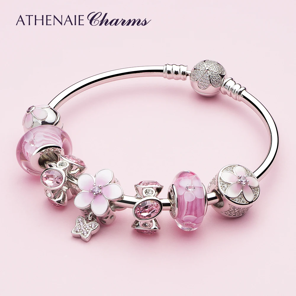ATHENAIE 925 Sterling Silver Magnolia Bloom Charms Bracelet & Bangle with Flower Charms for Women Wedding Girl Jewelry Gifts