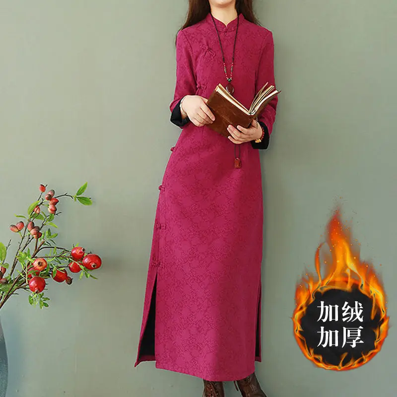 Chinese Retro Disc Button Plus Velvet Cheongsam Dress Women Winter Thick Jacquard Cotton And Linen Dres Long Female Robes M168x