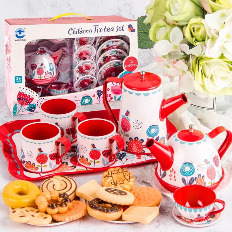 Children's Play House Afternoon Tea Simulation Tinplate Stainless Steel Tea Set Toy Role Playing Game Girl's Kitchen Gift Set