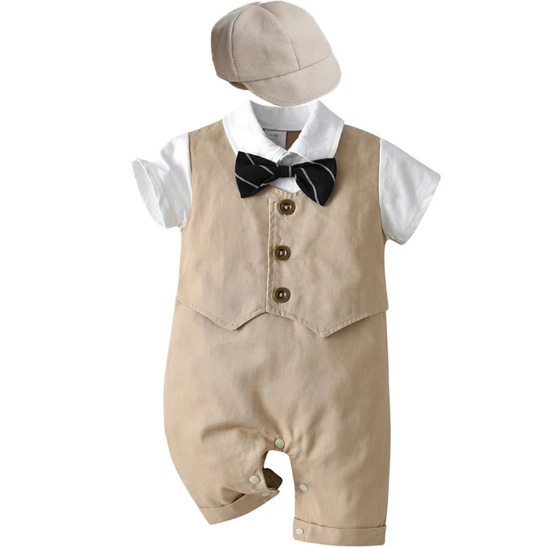 Baby Boy Clothes Roupa Infantil Romper Cotton Gentleman Baptism Rompers + Hat 2pcs Newborn Clothes Set Uniforms Baby Body Suits