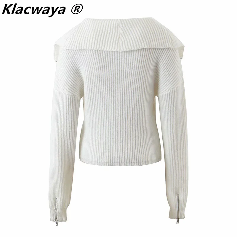 Klacwaya 2021 Woman Fashion Sailor Collar Casual Sweaters Autumn Female Zipper Pullover Knitted Vintage High Street Sweaters