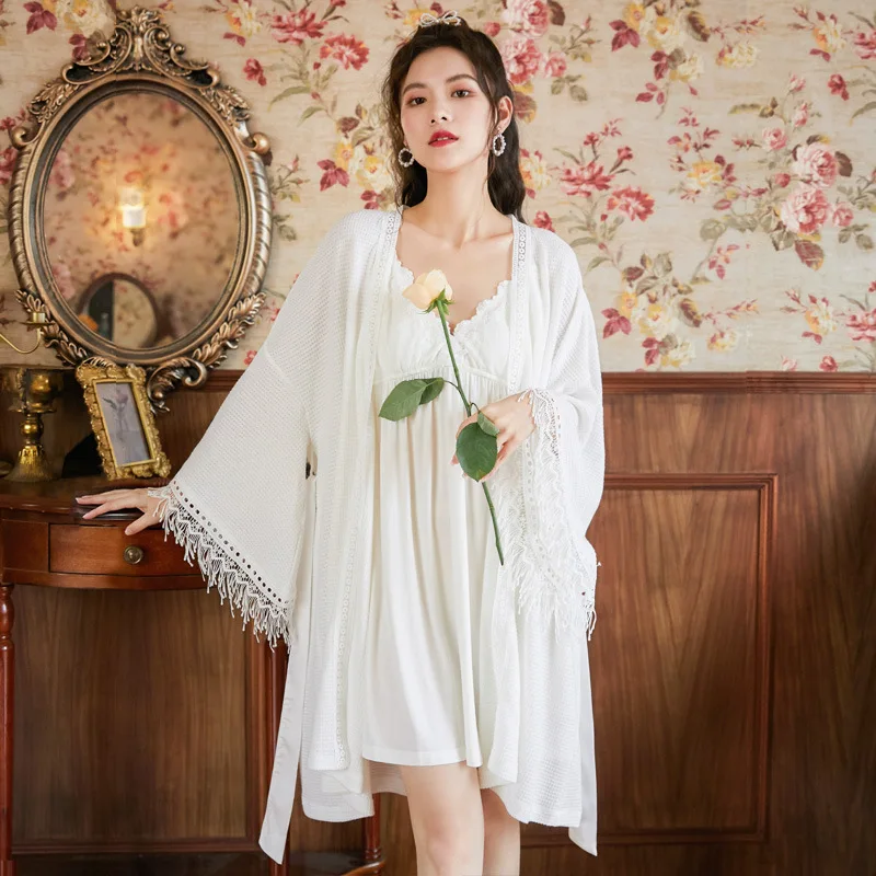 Romantic Nightgowns Robe Sets Women Autumn Cotton Peignoir White Vintage Mini Night Dress Flare Sleeve Belted Robes Home Clothes