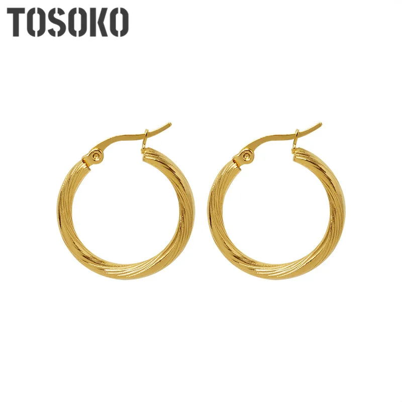 TOSOKO Stainless Steel Jewelry Embossed Geometric Circle Earrings Female Smple Stud Earrings