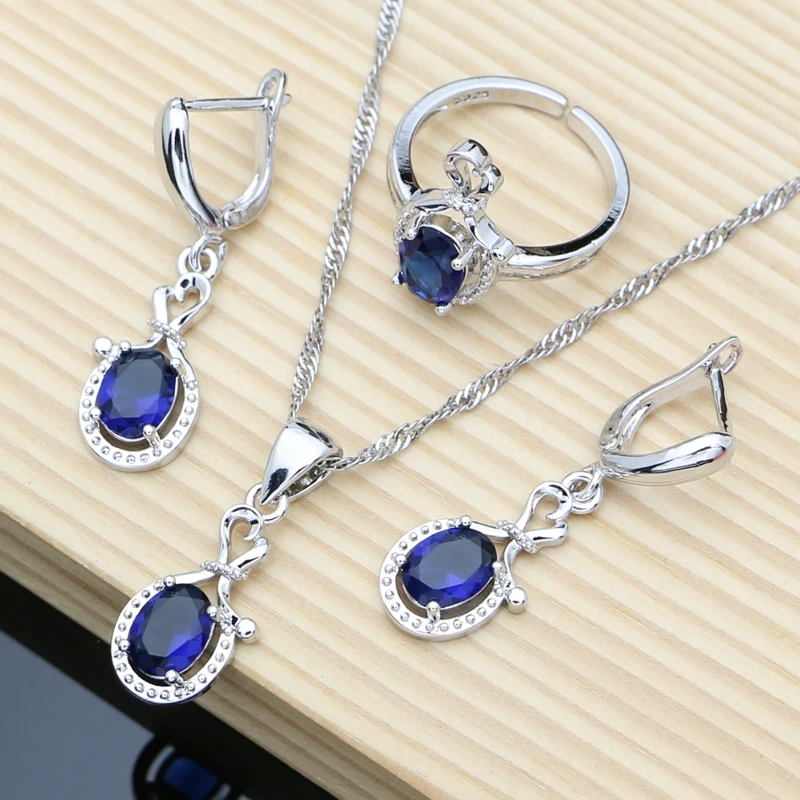 Blue Sapphire Earrings 925 Silver Wedding Jewelry Set for Women Bride Necklace Resizable Ring Trendy Gift Jewelry 10 Color Stone