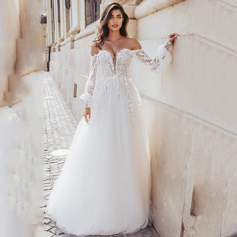 A Line Vintage Wedding Dresses 2021 Puff Sleeve Long Wedding Gowns Beach Sexy Bride Dress Vestido de Noiva off Shoulder