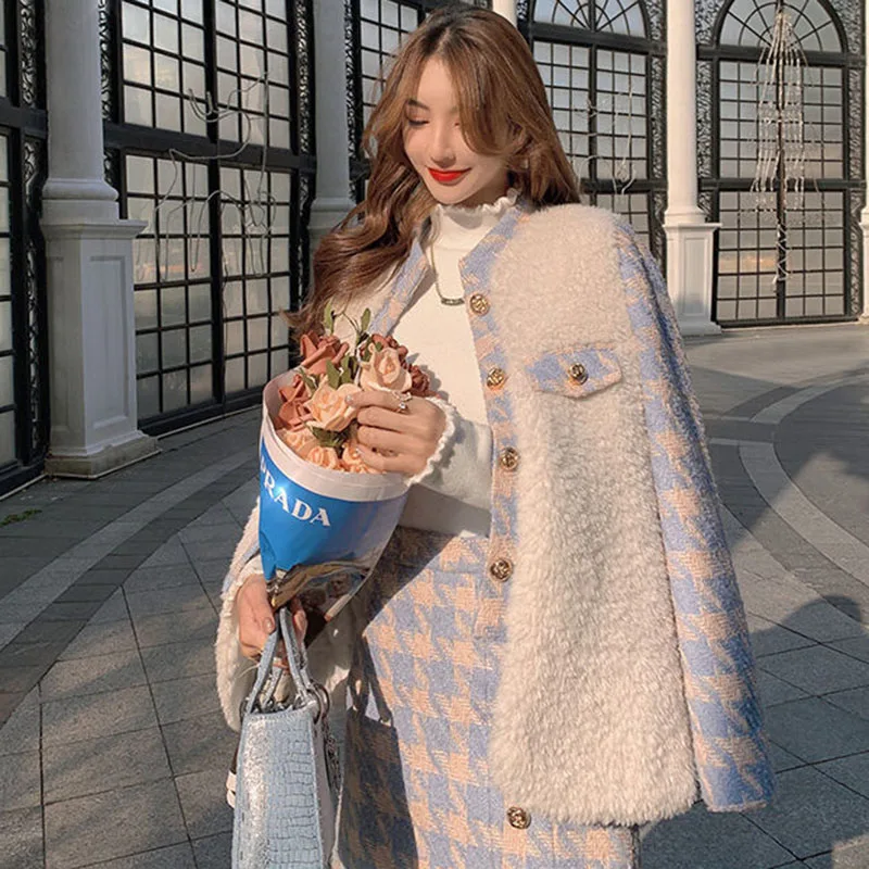 Winter Warm Woolen High Waist A-line Skirts Set Women Lamb Wool Patchwork Plaid Coat 2-piece Suits Elegant Y2k Christmas Clothes