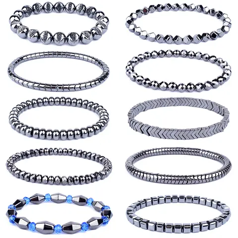 Weight Loss No Magnetic Therapy Bracelet For Men Women Geometric Black Hematite Stone Beads Stretch Health Care Bracelet Jewelry