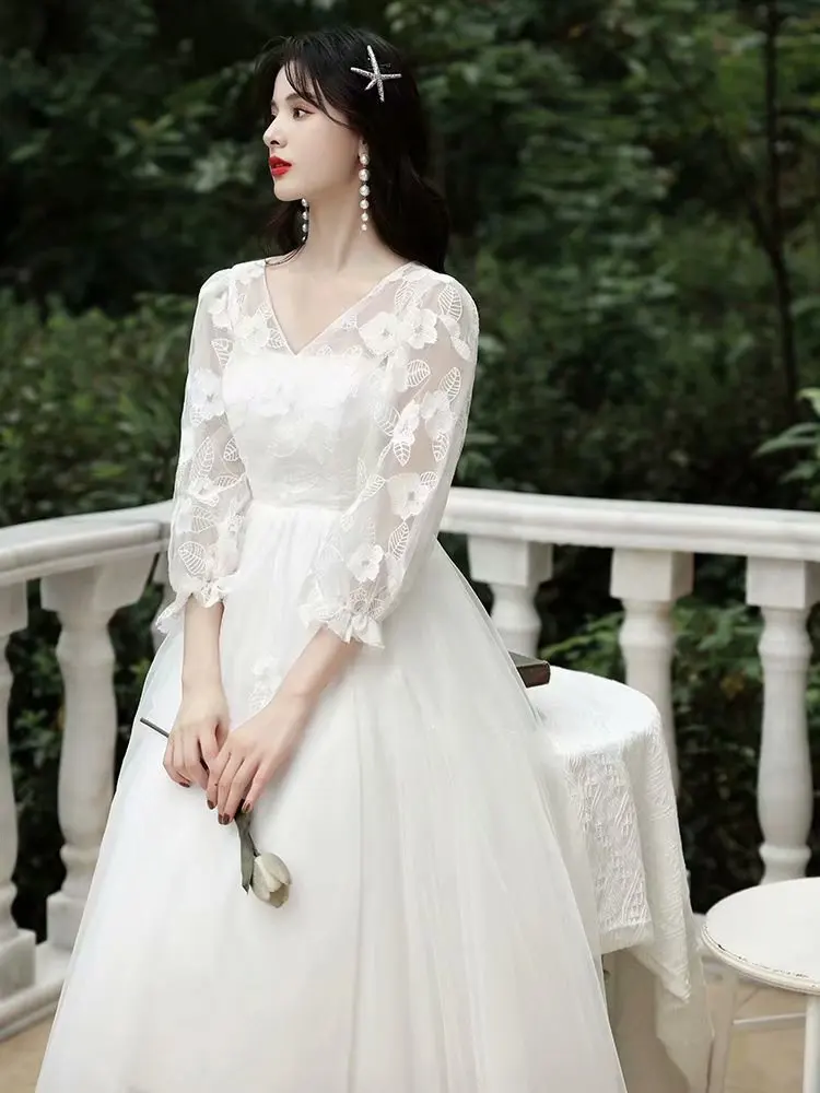 Wedding Dress платья  Lace Elegant Bride Gown  Vestido De Novia Zipper  Tulle Vestidos Tea-Length Three Quarter Sleeve