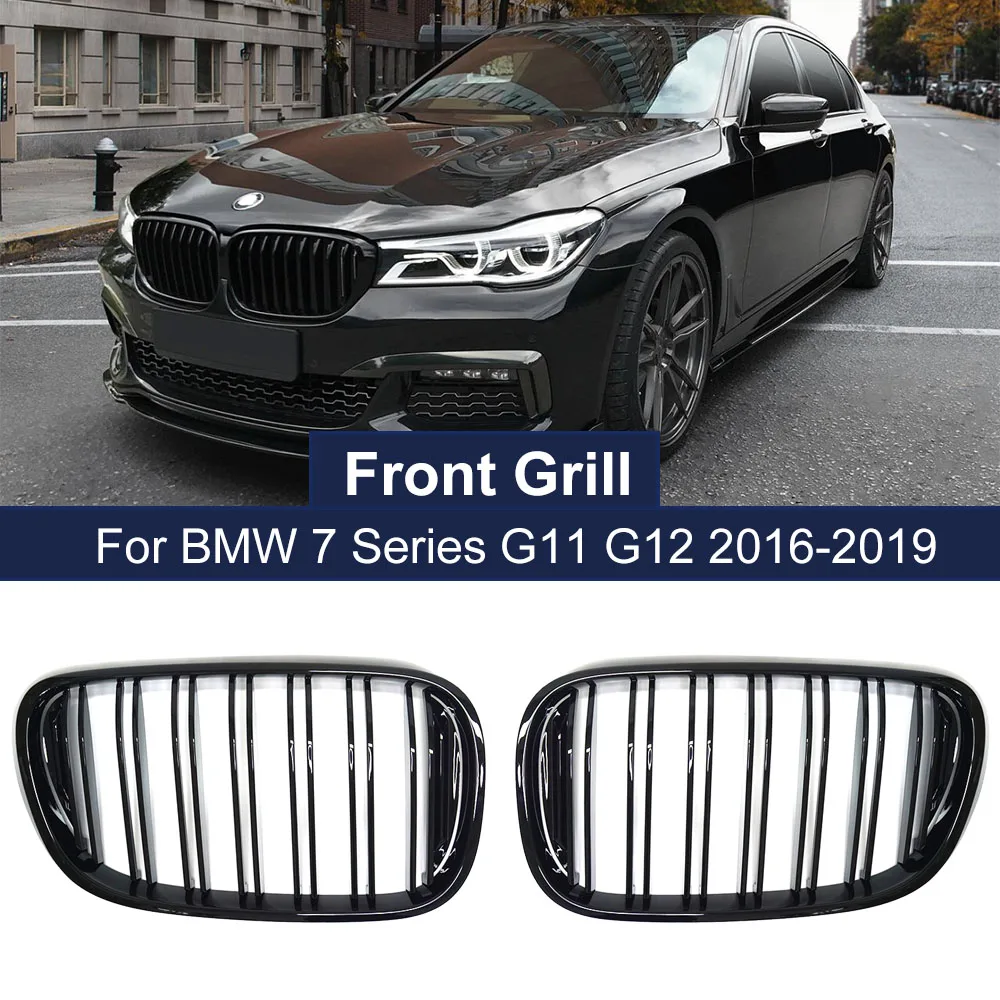 

2PCS Car Front Kidney Grills Grille Replacement Grill for BMW 7 Series G11 G12 2016-2019 Double Slat Line Gloss Black Grilles