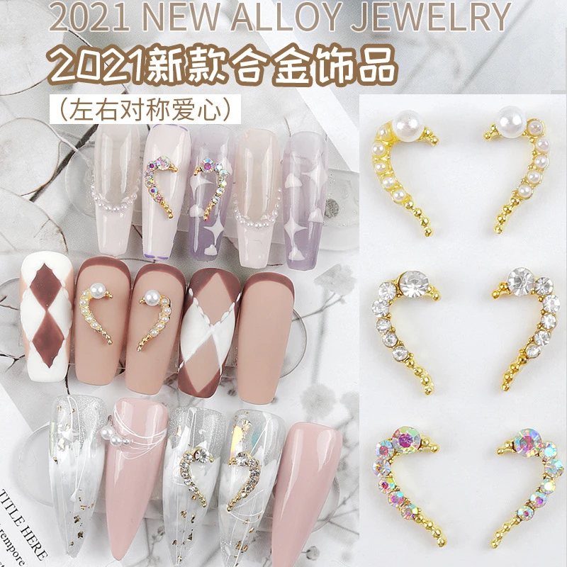 

5PCS/Set Of 3D Pearl Rhinestone Love Heart Symmetrical Free Matching Fashion Splicing Design Nail Art Accessories