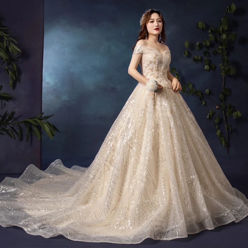 New Champagne Wedding Dress Boat Neck Lace Embroidery Off the Shoulder Short Sleeves Bling Luxurious Women Bride Dresses B007