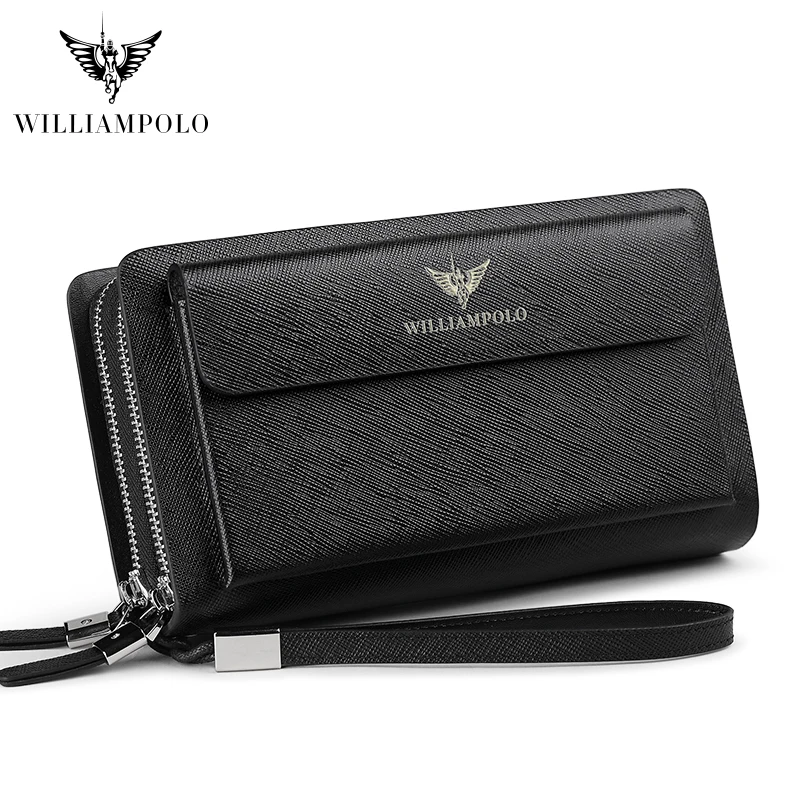 Business Genuine Leather Wallet Long Double Zipper Wrist Men Phone Wallet Purses Cowhide Luxury Brand High Capacity Clutch Bag