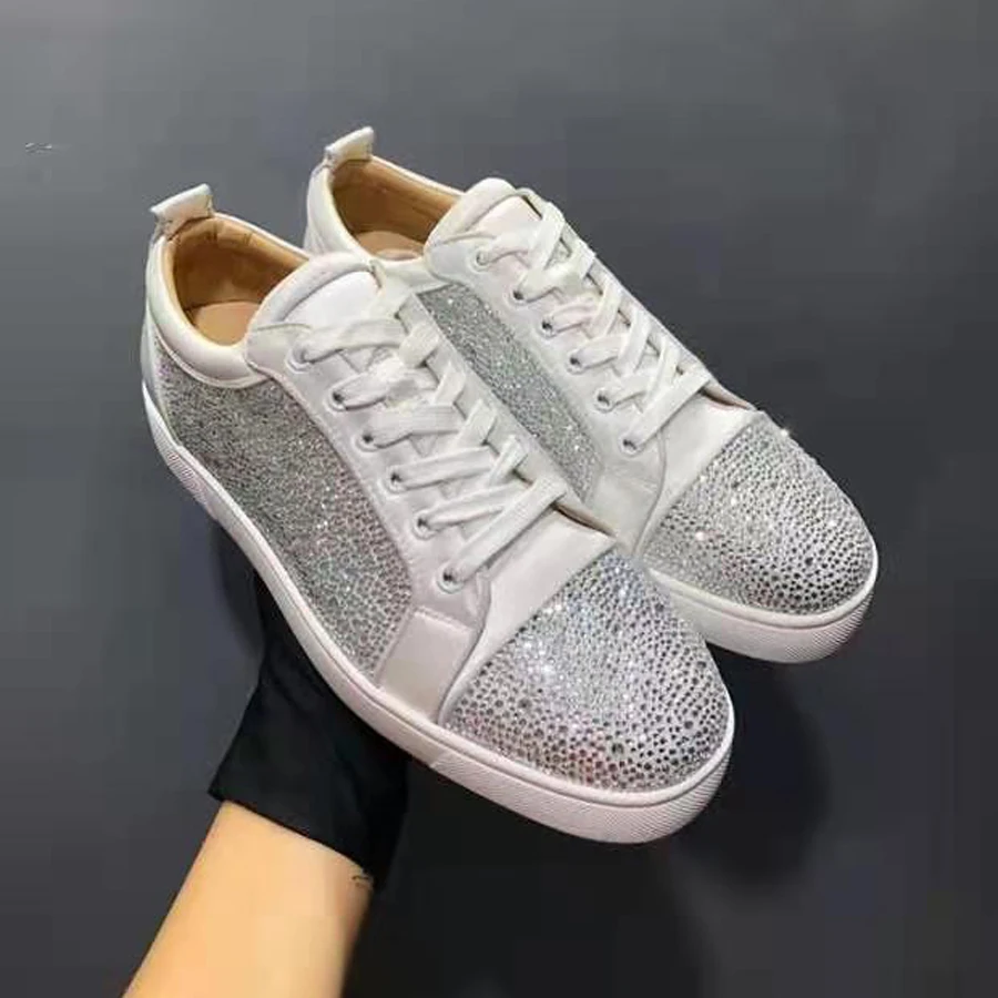 Oversized 35-48 Neutral Real Leather Shoes Men And Women Hip Hop Streetwear Rhinestone Fashion Board Shoes Anti-slip Footwear