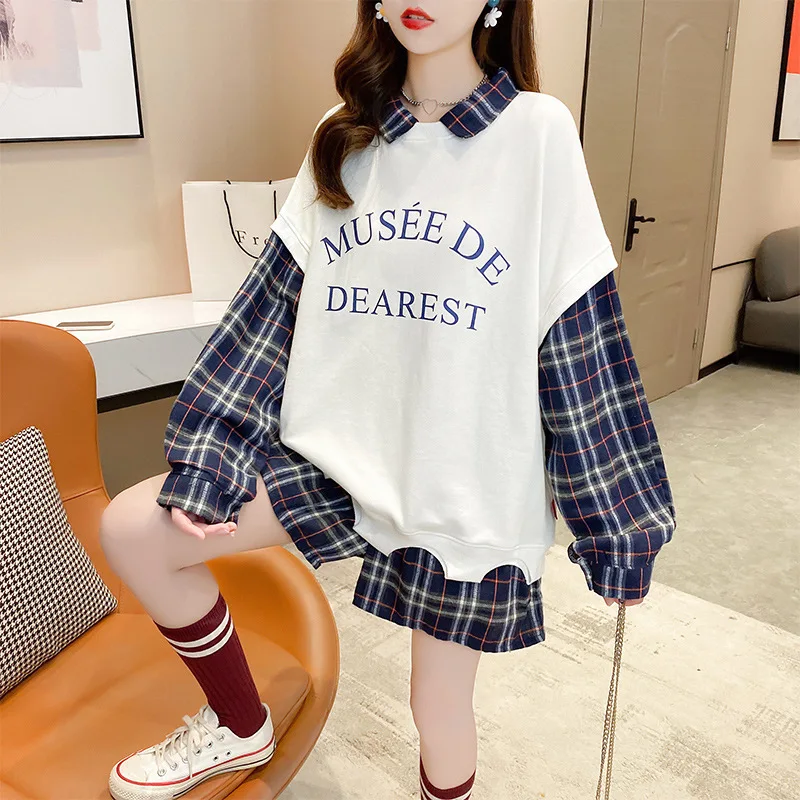 2020 Autumn New Korean Version Loose Fashion Casual Plaid Fake Two-piece Women Sweatshirt Letter Printing Lapel Female Pullover