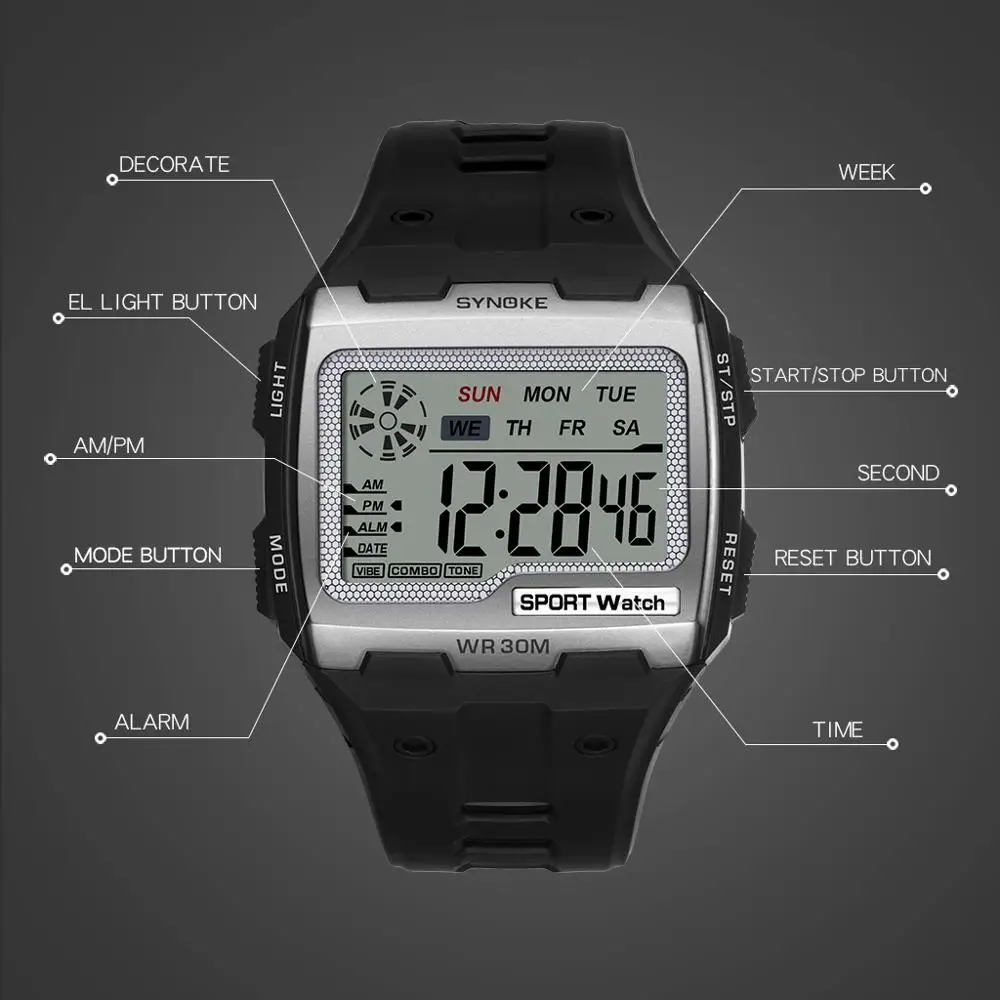 SYNOKE Outdoor Sports Men\'s Watch Luxury Brand Famous Big Dial LED Digital Watches Male Clocks Men Wristwatch Relojes Deportivos