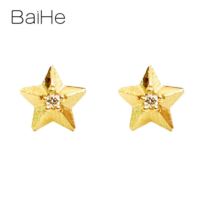 

BAIHE Solid 14K Yellow Gold 0.02ct H/SI Round Natural Diamonds Wedding Gift Trendy Fine Jewelry star Stud Earrings for Women