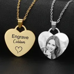 Collares personalizados impresos con foto colorida para mujer, cadena con colgante de corazón de acero inoxidable grabado con nombre, joyería para mujer, etiqueta de identificación