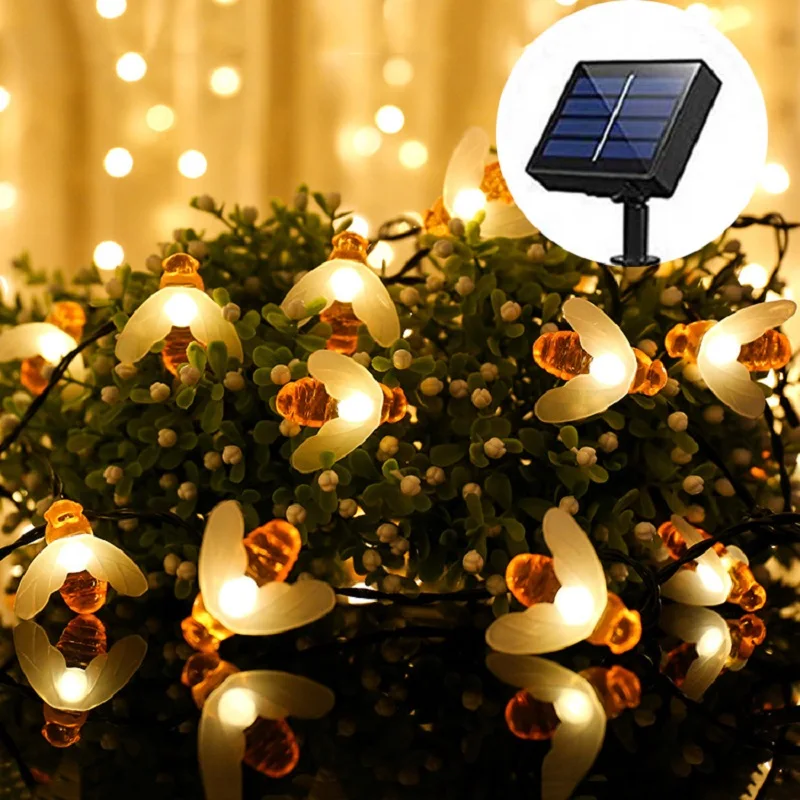 12M 100LED Fairy Light Solar Powered Honey Bee LED String Light Outdoor Garden Fence Patio Christmas Garland Lights Party Decor