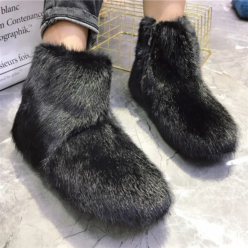 Real Mink Fur Women Snow Boots Black Winter Warm Furry Botas Mujer Casual Ankle Booties Thick Sole Platform Shoes Ladies Flats