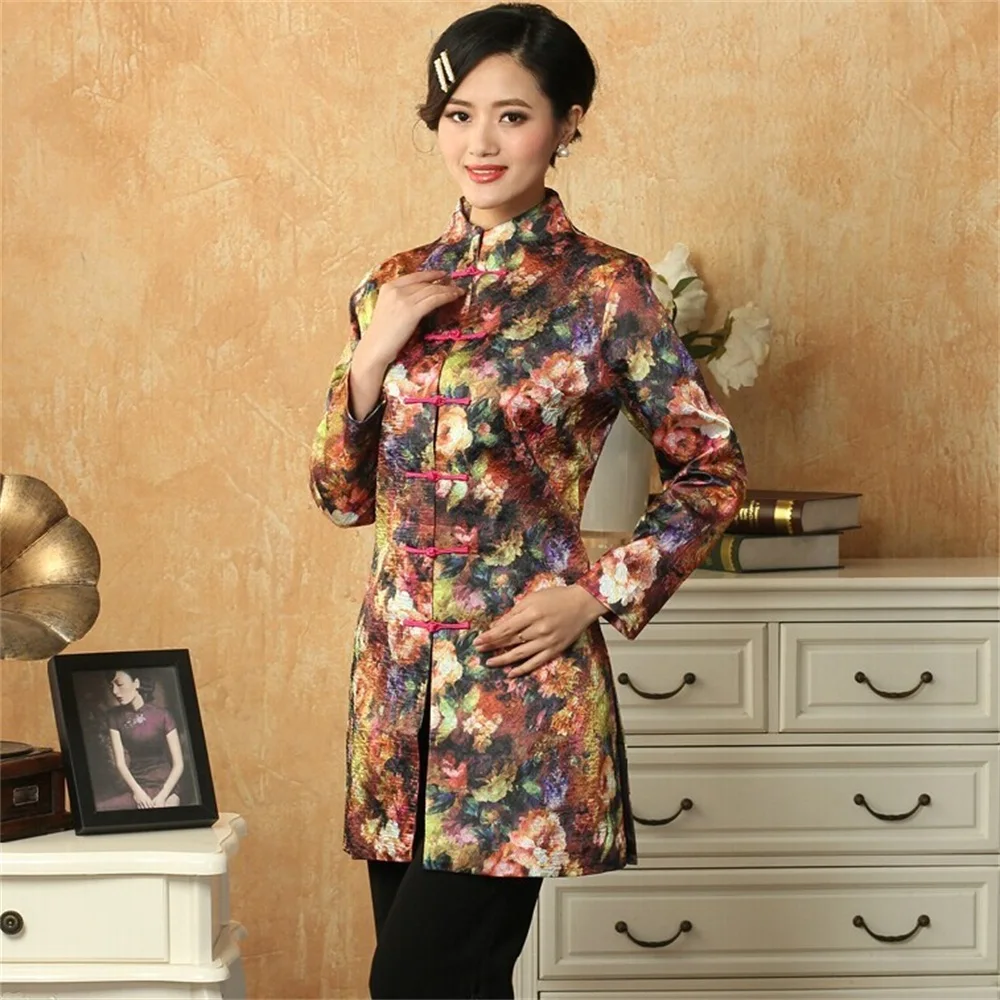 Long style Multicolor Women's Silk Satin Outwear Classic Mandarin Collar Coat Printed Floral Jacket Size S To XXXL NJ46