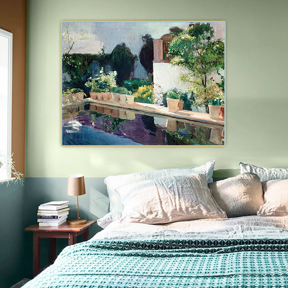 Citon Joaquin Sorolla《Palace of Pond, Royal Gardens in Seville》Canvas Oil Painting Decorative Picture Wall Decor Home Decoration