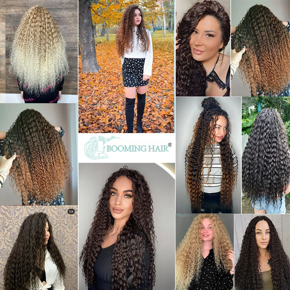 Synthetic Water Wave Hair Bundles With Closure 7Pcs/Pack Full Head  30 inches Black Extensions Ombre Organic Fake Hair