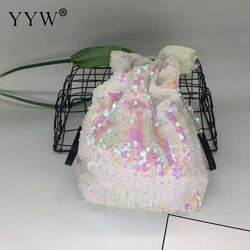 Polyester Colorful Sequin Bucket Bag Shopping Shoulder Bags Pu Leather Crossbody Bags For Women Mix Color Fashion Top Handle Bag