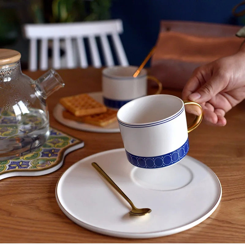 

Coffee Cup and Plate Ceramic Spoon, European Light Gold, Blue Saucer, Breakfast Afternoon Tea Cup, Gift, 3Pcs Set