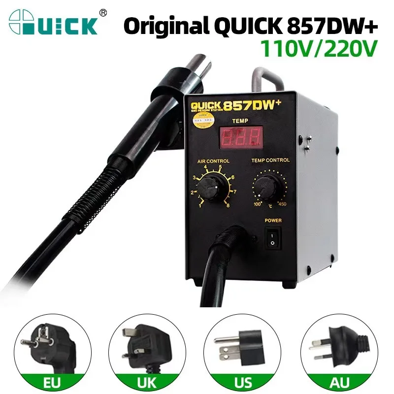 

Original Quick 857DW+ Adjustable Hot Air Gun Station Soldering 580W Heater Helical Wind Air Gun SMD Hot Rework Station