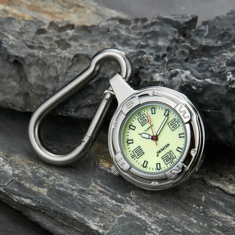 Silver Clip-On Carabiner Pocket Watch Keychain Luminous Quartz Belt Clip Waist Fob Watch Backpack Outdoor Sport Men Women Clock