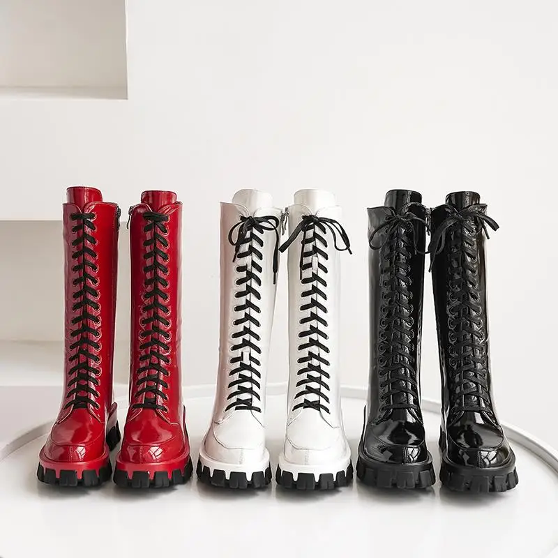 Sgesvier 2020 New arrival brand boots women lace up round toe platform knee high boots fashion solid color womens boots female