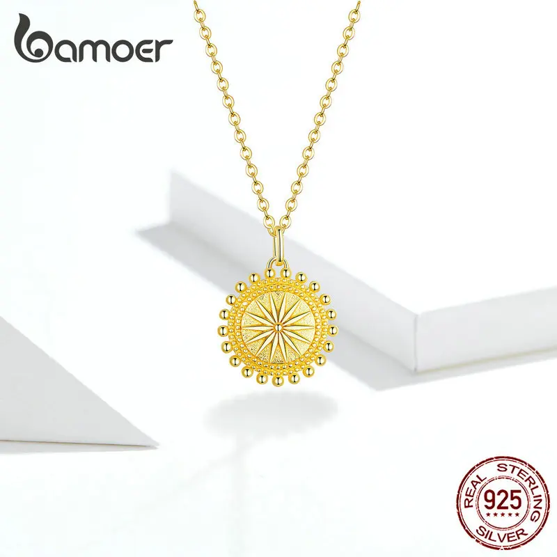 bamoer Sun Coin Pendant Neckalce for Women Gold Color Genuine 925 Sterling Silver Chain Necklaces Collier Fashion Jewelry SCN353