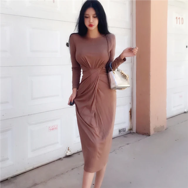 AOSSVIAO Knee Length Dress Knitted Elastic Sleeveless Bodycon elegant Women 2024 Pleated Sexy O Neck Button Party Slim Dresses AliExpress