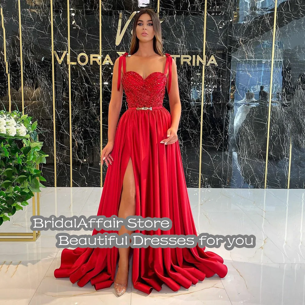 BridalAffair Gorgeous A-Line Red Satin Prom Dress Sexy High Slit Beading Evening Gown Sweetheart Adjustable Straps Party Dresses