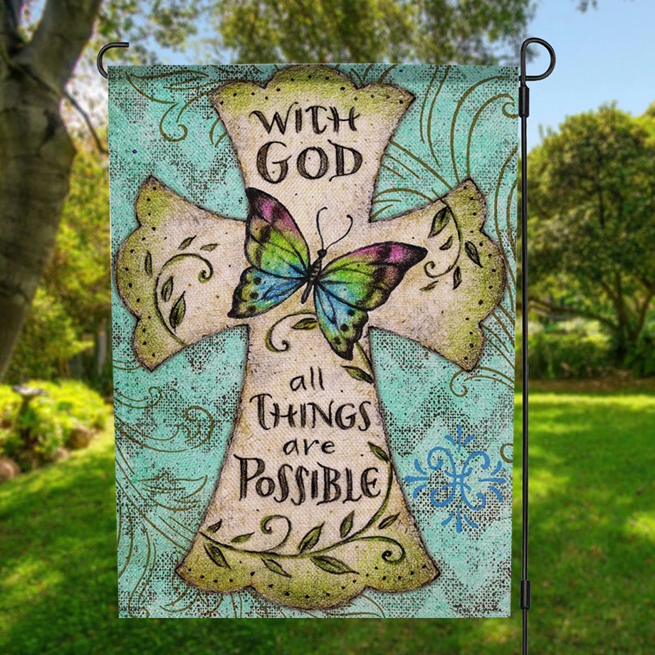Two-sided Butterfly Cross Garden Flag Banner with Windproof Rubber Stopper Clip 12.5''x18.5'' 32x47cm