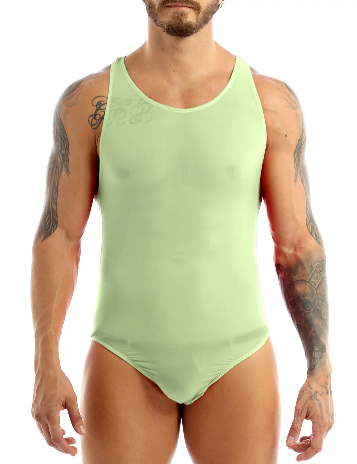 IEFiEL-Bodysuit elástico masculino, lingerie sexy, tanga manquíni, camiseta sobre o ombro, macacão shapers, meia do corpo