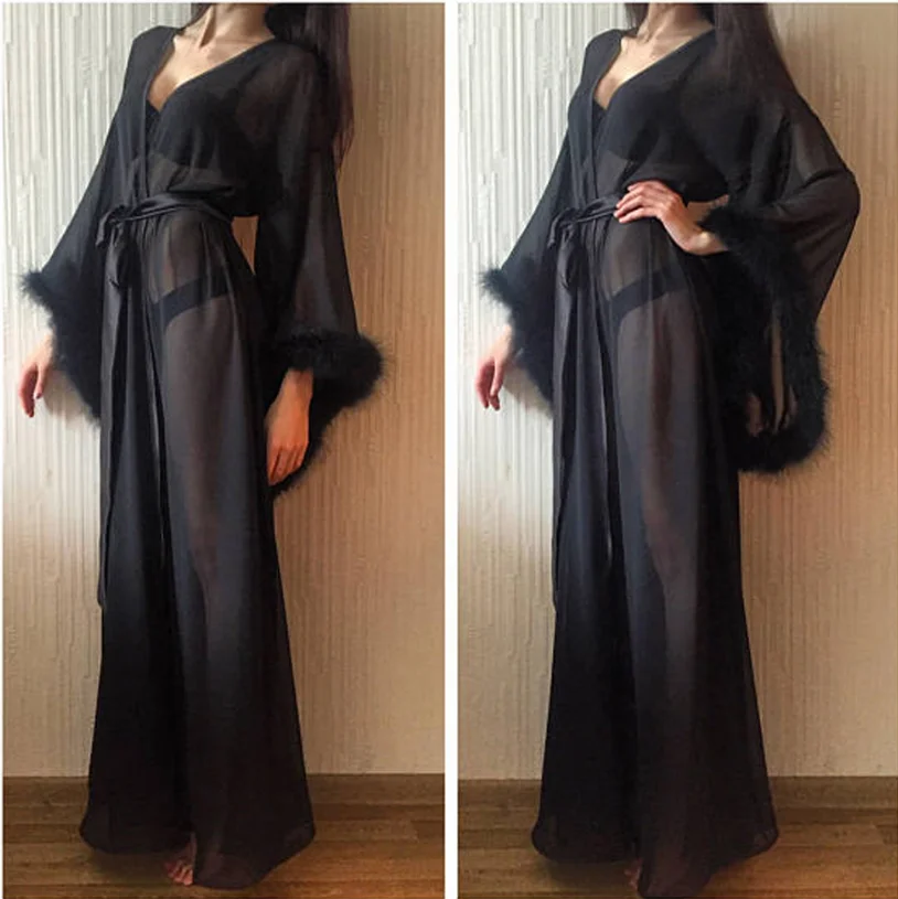 Women\'s Feather Bathrobe Wedding Shawl Long Wedding Scarf Illusion Chiffon Bridal Robe Sleepwear Dressing Gown Maternity Dress