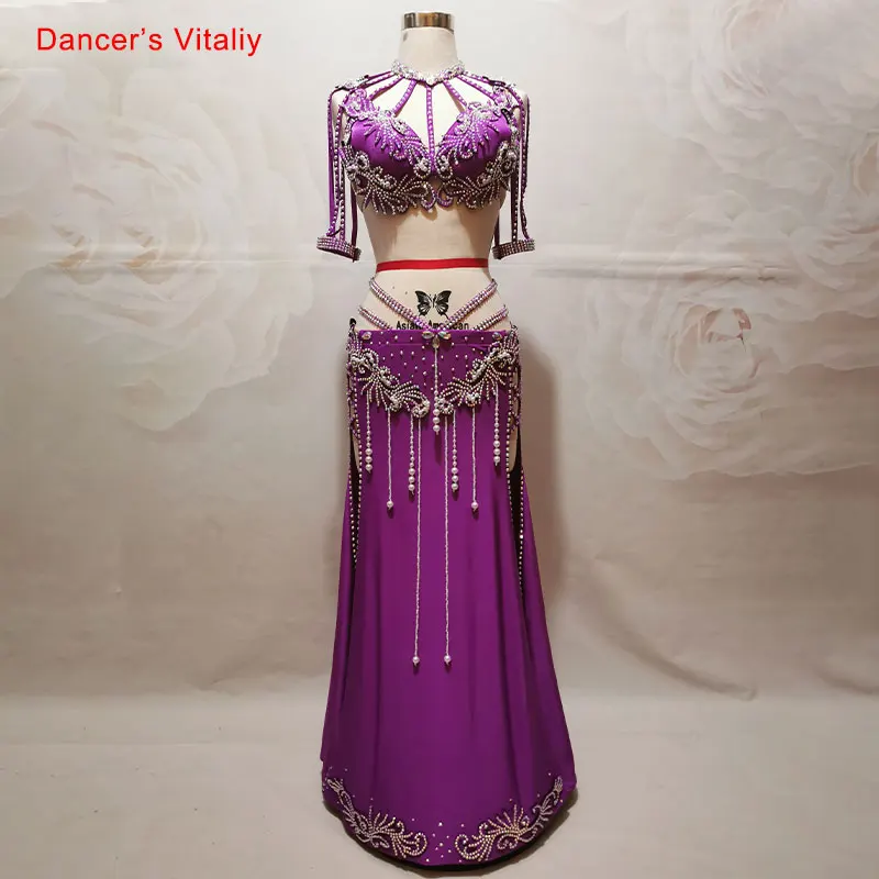 Belly Dance Suit Diamond-Studded Bra Split Long Skirt Performance Clothing High-end Custom Woman Child Competition Clothes Set