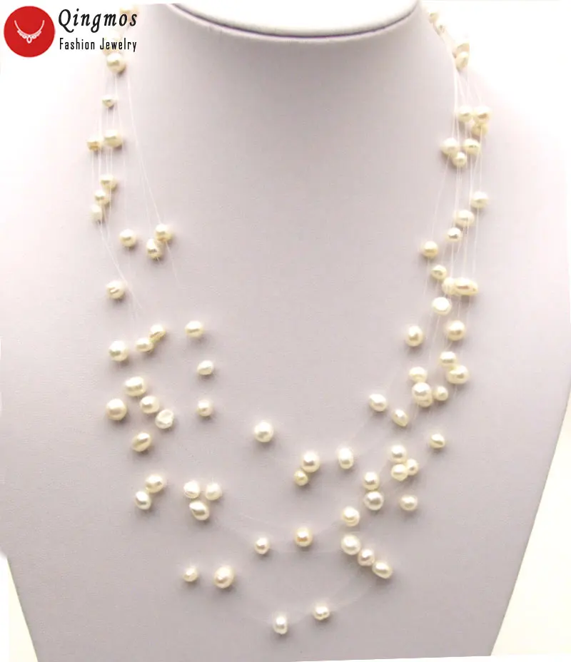 Qingmos 6mm Round White Pearl Necklace for Women with Natural Freshwater Pearl 8 Strands Starriness Necklace 18