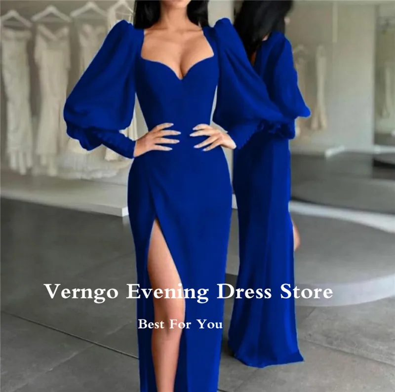 Verngo Nieuwe Vintage Champagne Puff Lange Mouwen Avondjurken Slit Sweetheart Stretch Satijn 2023 Moderne Formele Party Gown