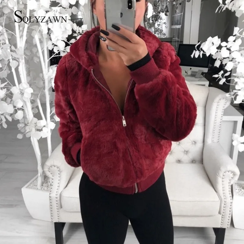 Winter Women Warm Faux Fur Hooded Teddy Bomber Jacket Korean Red Black Fashion Fluffy Coat Ladies Furry Clothes Plus Size 3XL