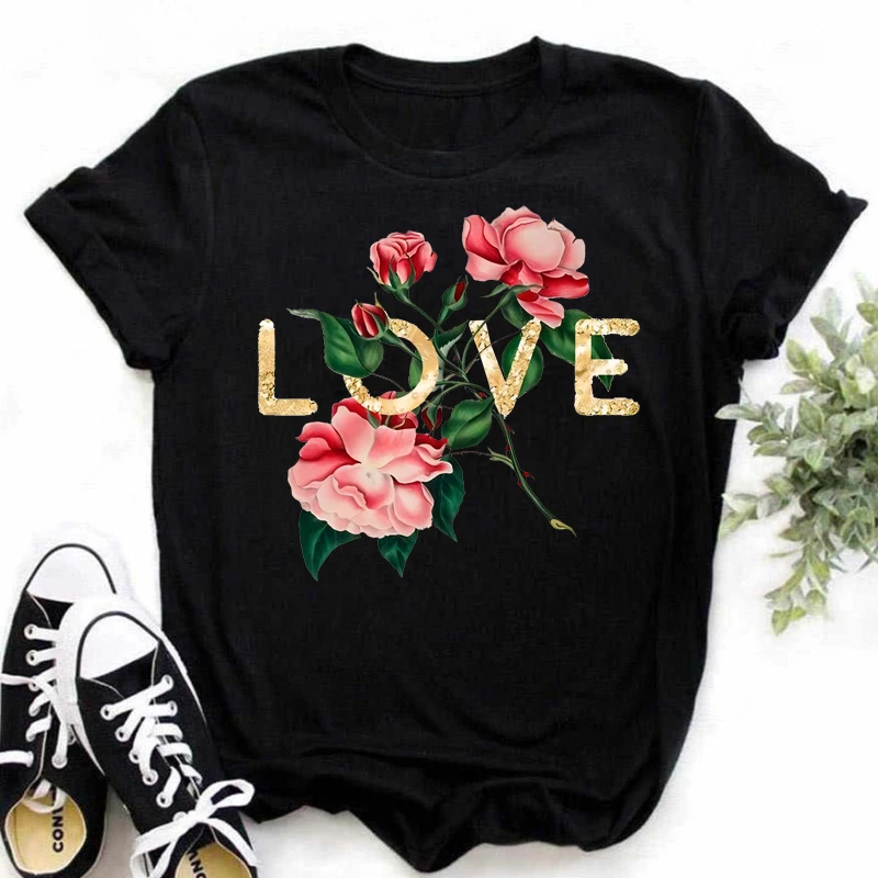 Maycaur Women T-shirts Floral Love T Shirt 90s Ladies Fashion Clothing Cartoon Clothes Short Sleeve Female Tees Valentine Tshirt