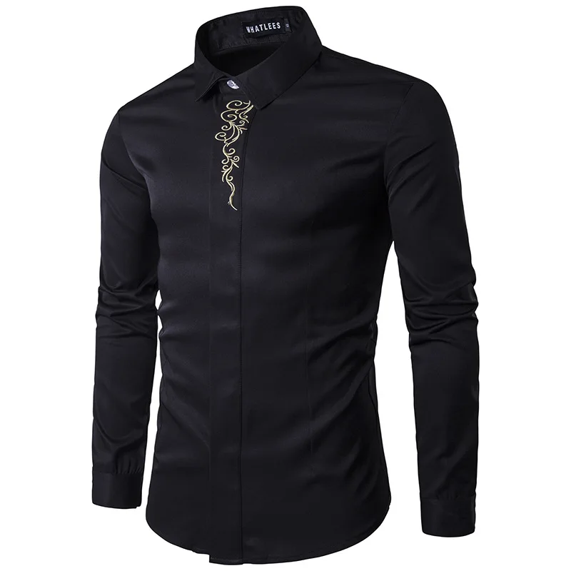 

Black Embroidery Shirt Men 2023 Brand Slim Fit Long Sleeve Button Up Dress Shirt Mens Party Wedding Prom Tuxedo Shirts Camisas